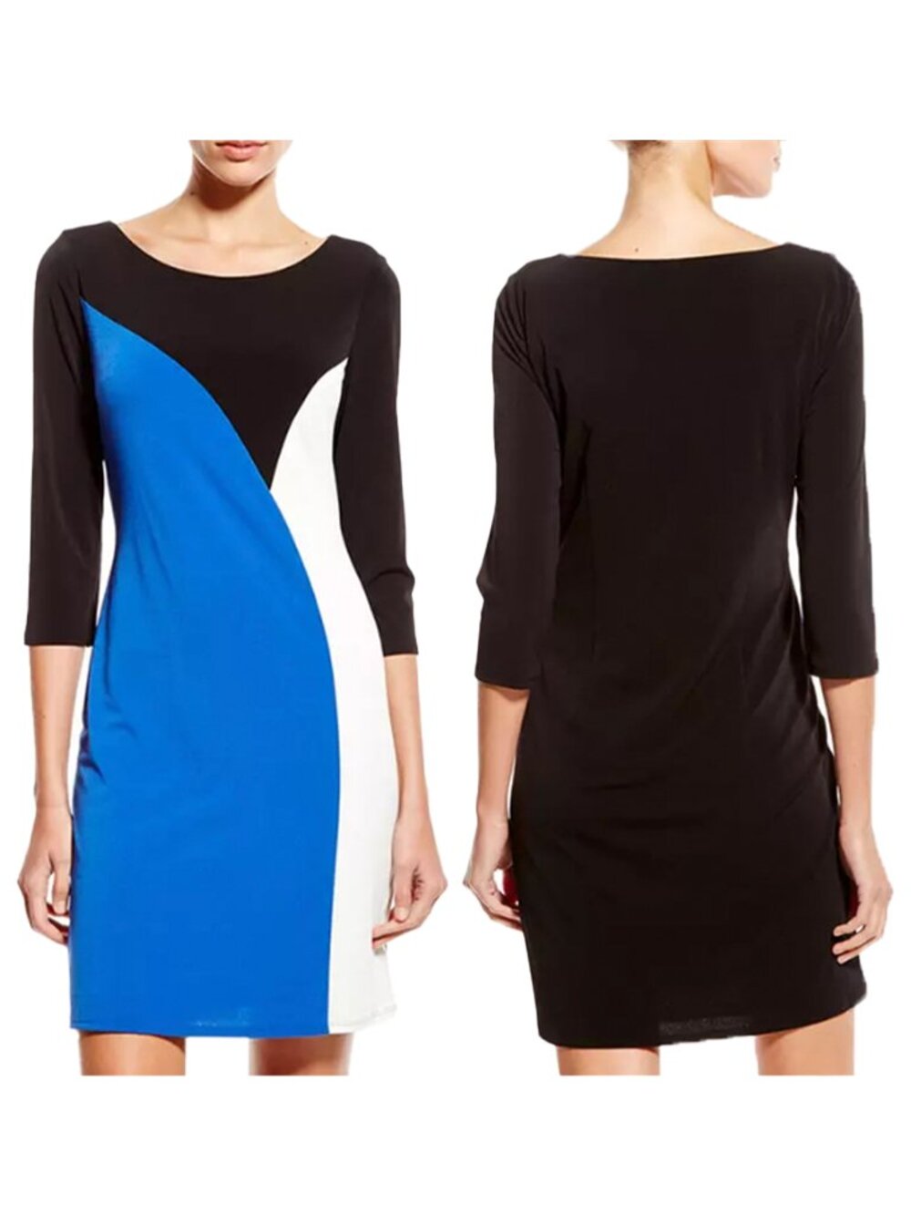 Nine West Sheath Dress Womens Size 6 Black Blue White Color Block 3/4 Sleeve